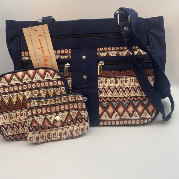 Vintage Canyon Sky Southwest Denim‎ Handbag Purse Set With Cosmetic & Coin Purse - Picture 1 of 10
